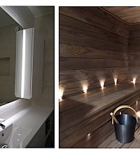 Epäsuora valaistus led-nauhalla wc:n peiliin sekä kuituvaloilla saunaan